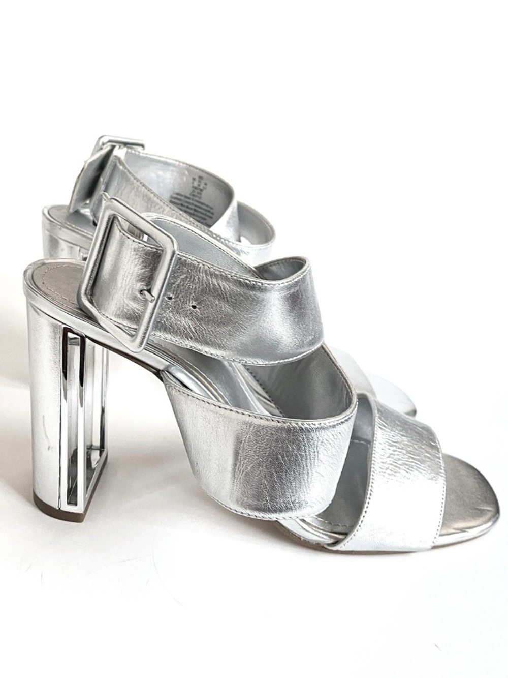 DKNY Women's Silver Metallic Leather Strappy Block Heeled Sandals Size: 9M